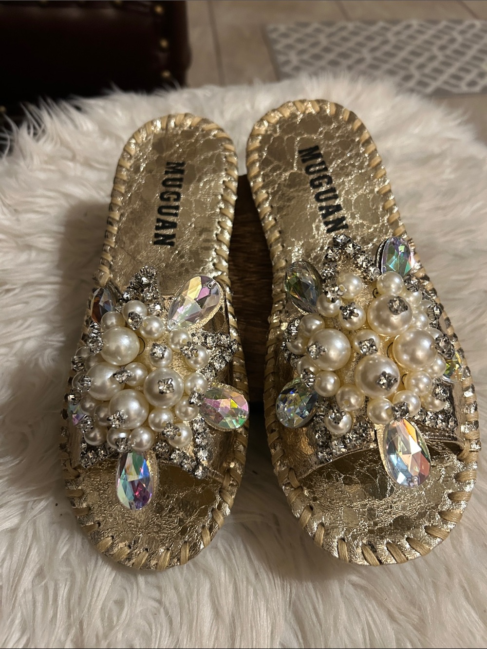 Muguan Gold Pearl & Crystal Embellished Slide Mules